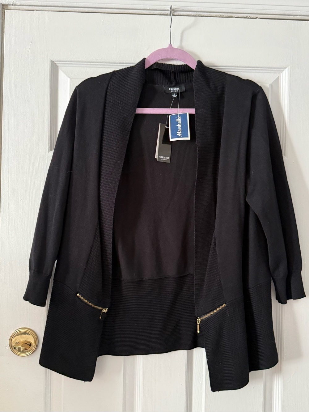 Premise Black Open-Front Cardigan with Gold Zip Details